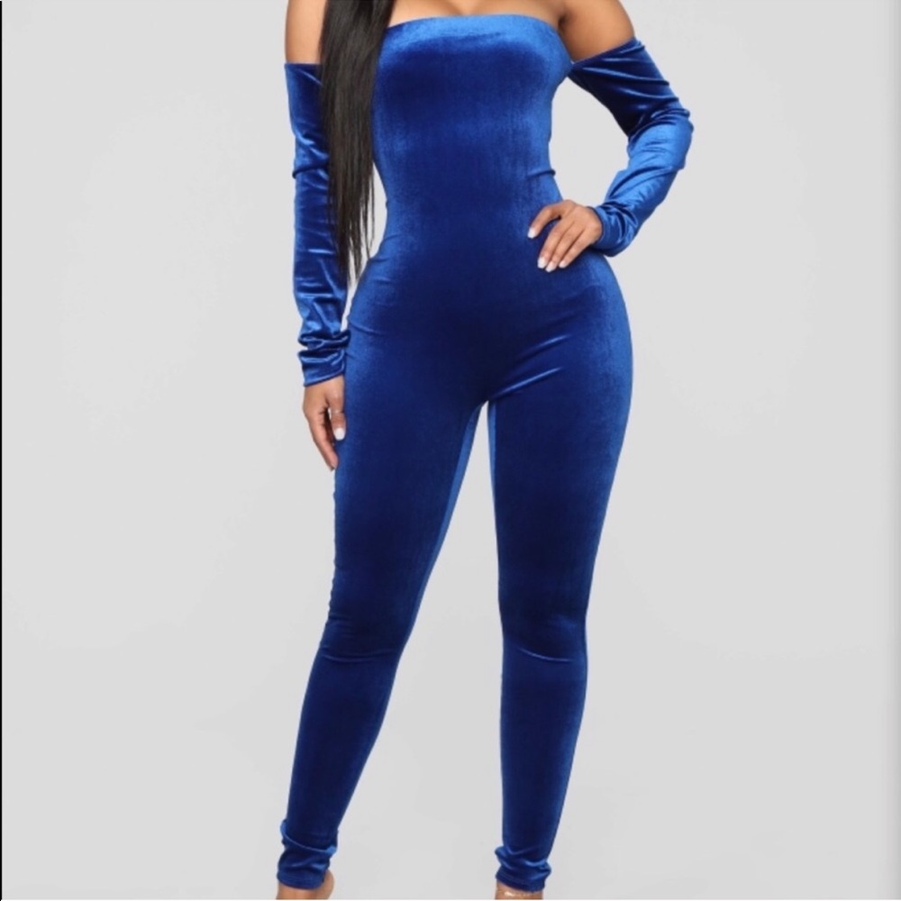 Fashion nova blue velvet jumpsuit